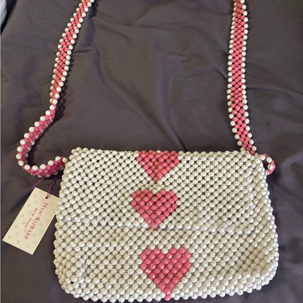 Beaded Heart Crossbody Bag - Pink & White